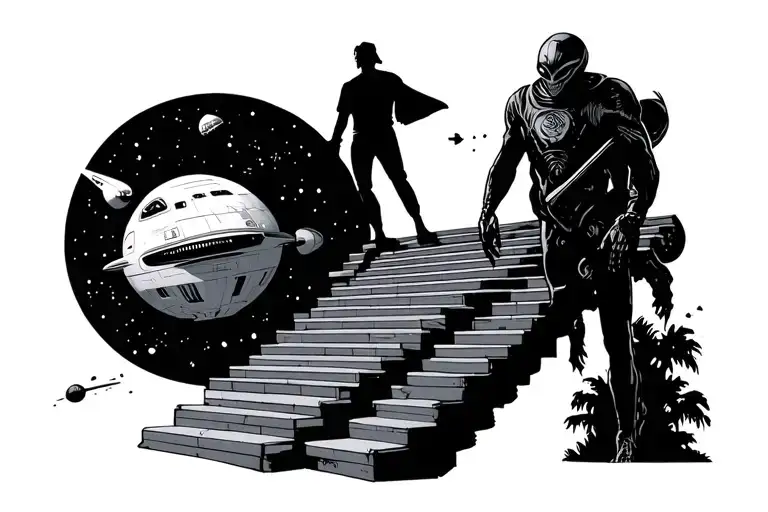 A Guy Walking Up Stairs Leading To An Alien With A Space Ship Hovering Over Everything