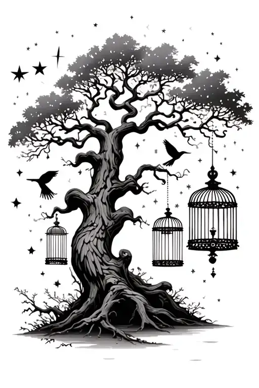 Big Tree With Modern Bird Cages And Stars And Moon In The Background