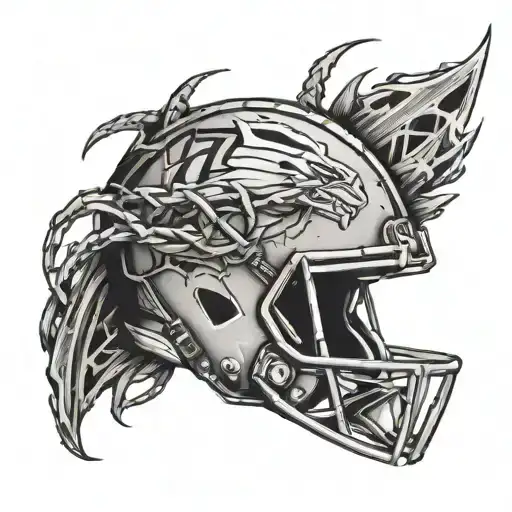 Football Helmet With Number 77 Covered In Barbed Wire