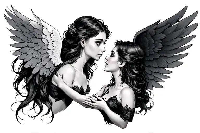 2 Female Angles With Wings Across From Each Other Reaching To Each Other
