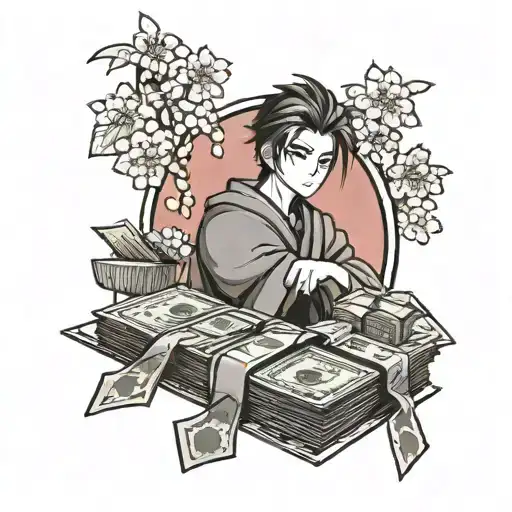 An Anime Character Holding A Stack Of Money With Japanese Cherry Blossoms In The Background