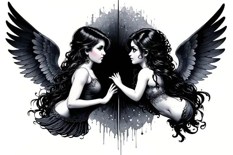 2 Small Female Angles With Wings Across From Each Other Reaching To Each Other