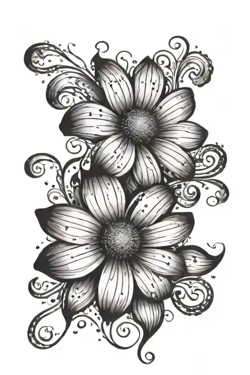 A Singular Black And White Whimsical Daisy With Particles And Swirls Around It