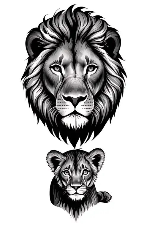 Lion Head Facing Forward And Cub Head Under The Lion