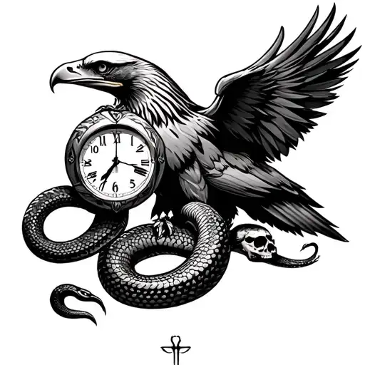 Eagle And Snake With Skull And Clock