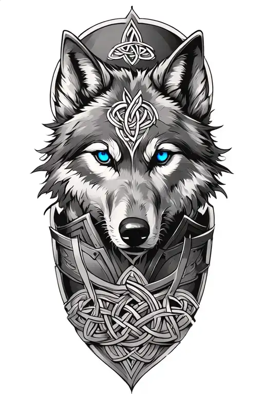 Wolf With Blue Eyes On Armor Tattoo Design Featuring Celtic Trinity Knot