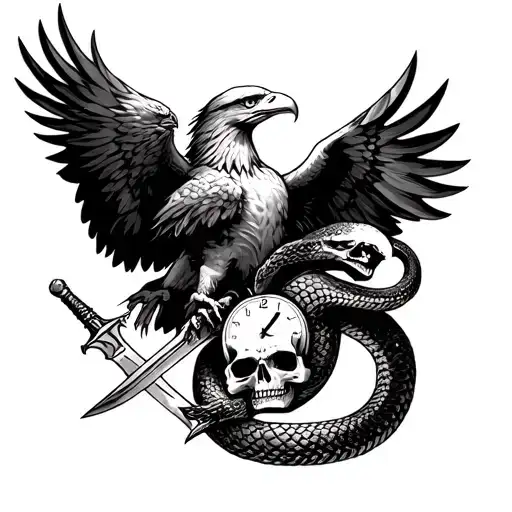 Eagle And Snake Fighting With Skull And Dagger With A Clock