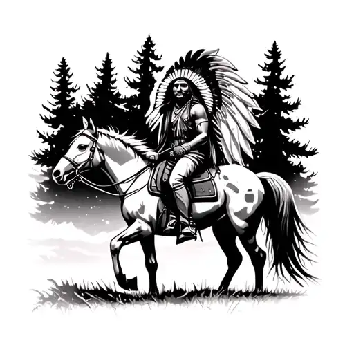 Apache Indian With Headdress On A Horse In A Pine Forest At Night