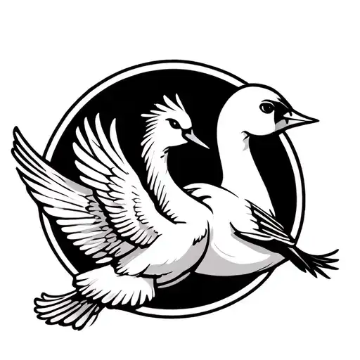 One Cartoon Swan And One Cartoon Robin Flying Together