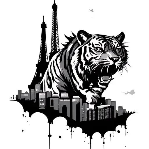 A Paris Skyline Silhouette With A Fierce Tiger Emerging From The Cityscape In A Black-grey Style