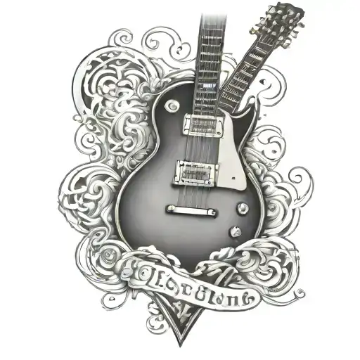 A Detailed Blackwork Tattoo Of A Gibson Les Paul Guitar With A Heart Incorporated Into The Design