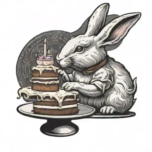 A Pretty White Rabbit Eating A Cake Which Is On A Cake Stand