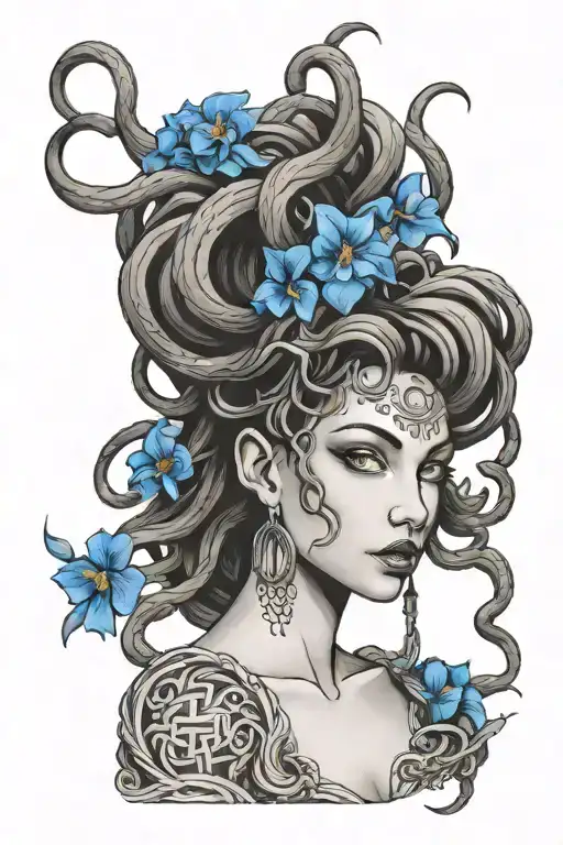 Medusa With Dreadlocks And Blue Irises