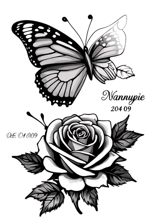Butterfly And Rose With Name Nannypie And Date 20-04-09