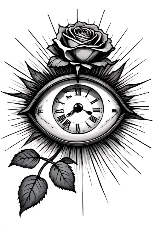 Eye Ball With Sun Rays Breaking With A Time Piece And A Rose