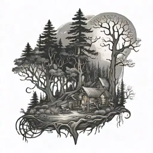 A Moonlit Forest With Hidden Musical Instruments Among The Trees