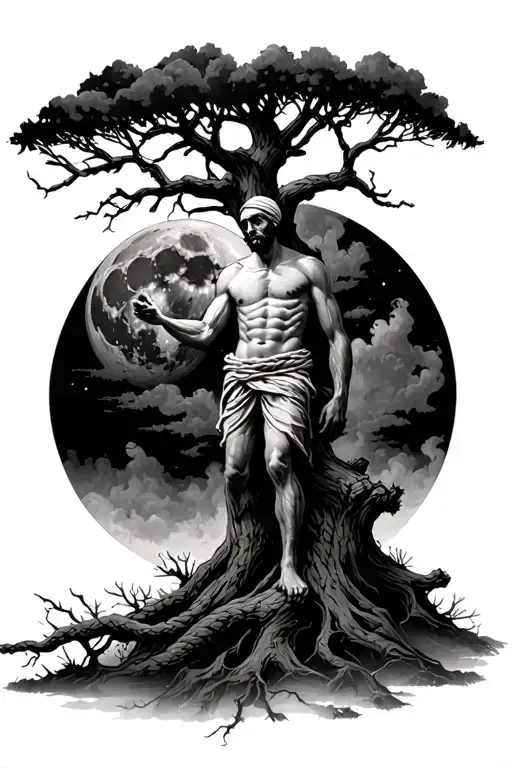 Man Risen With Rope Around Neck On Tree With Full Moon And Fog