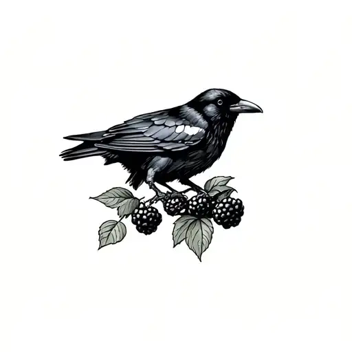 Crow Landing In Blackberries Together Linework