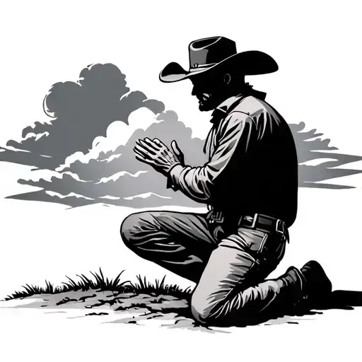 Silhouette Of Cowboy Kneeling And Praying And Looking Into The Clouds