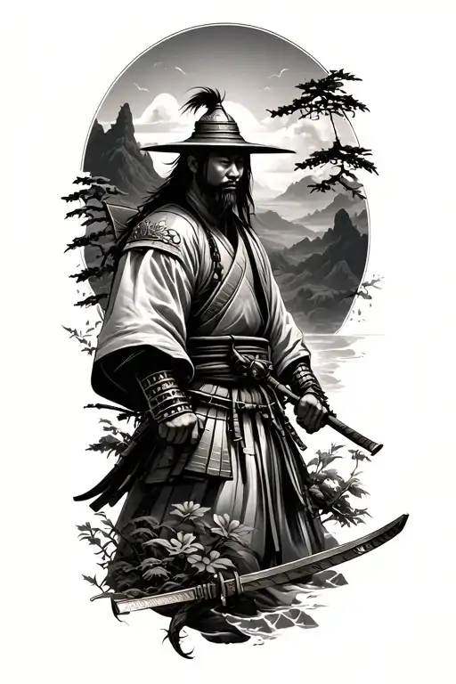 Japanese Samurai Warrior With Nature Scene And Death Vs Life Theme