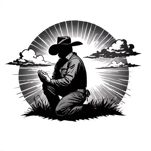 Silhouette Of Cowboy Kneeling Praying With Clouds In The Sky And A Beam Of Light Shinning Down