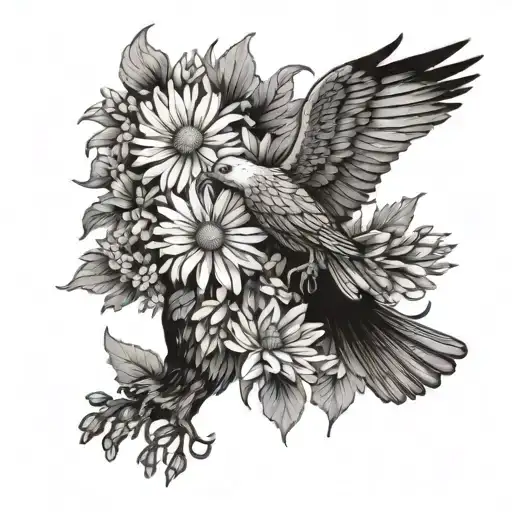 Daisy And Chrysanthemum Bouquet With A Small Condor Flying Above