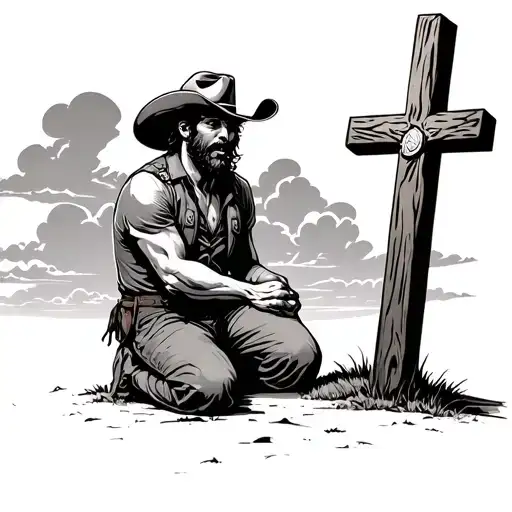Clean Cut Sad Cowboy Kneeling Next To Wooden Cross With A Lot Of Clouds In The Sky