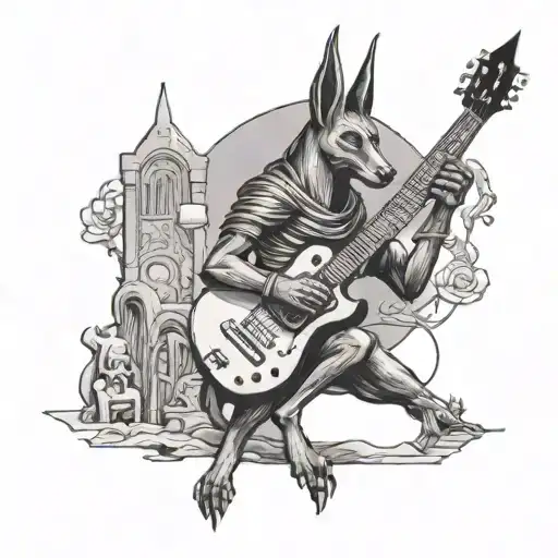 Anubis Holding A Guitar And Surrounded By Ghostly Figures In A Cemetery Setting