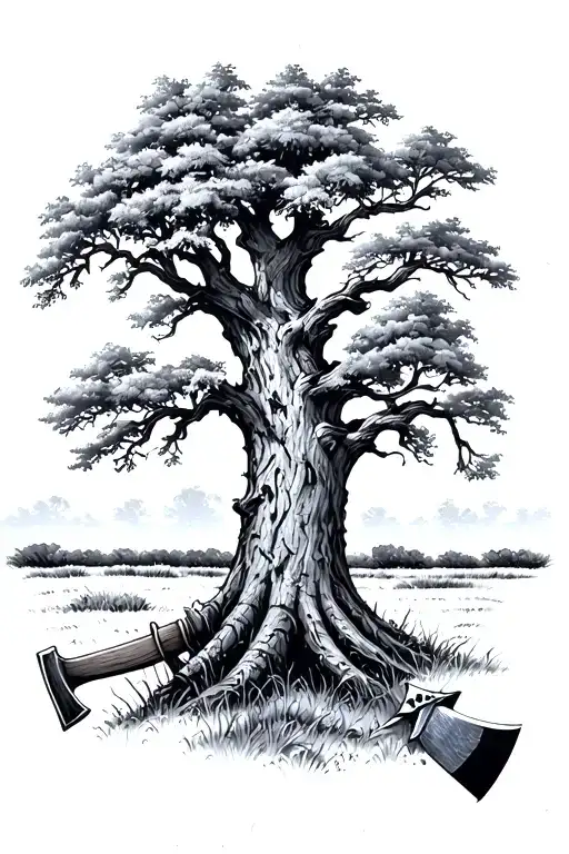 Oak Tree And Prairie And Axe Leaning Against Tree