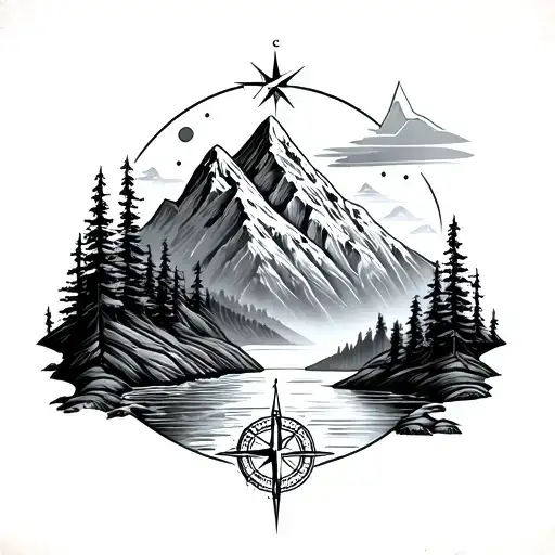 Mountain With River And A Compass On The Forearm