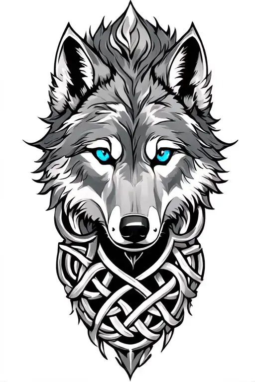 Wolf With Blue Eyes On Armor Tattoo Design Featuring Celtic Trinity Knot