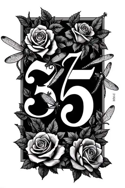 3-6-25 In Roman Numerals Intertwined With Roses And Some Dragonflies