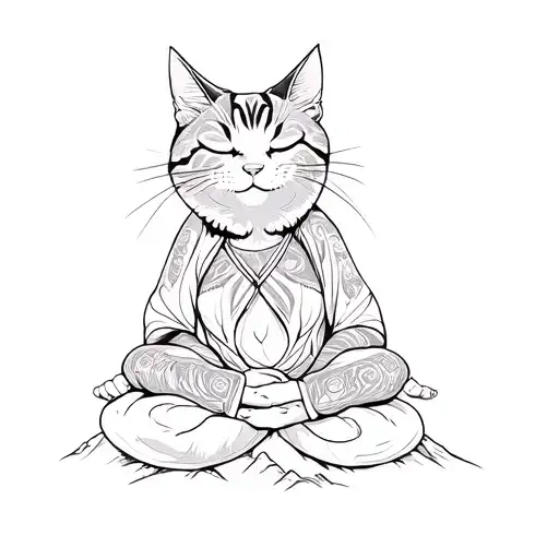 A Cat Meditating Eyes Closed And Smiling On Top Of A Mountain