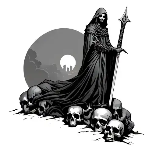 Necromancer With Sword Standing On Skulls