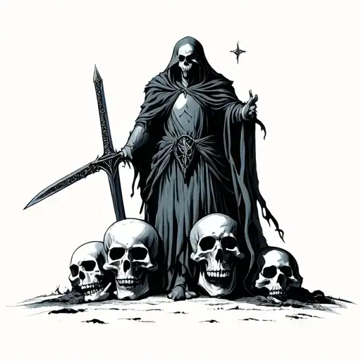 Necromancer With Sword Standing On Skulls