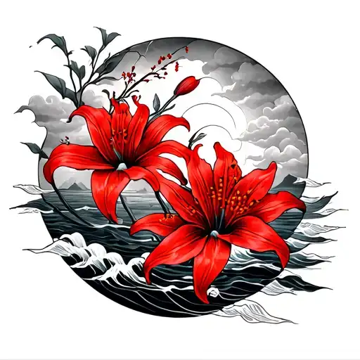 Japanese Half Sleeve With Red Spider Lily Sea And Clouds