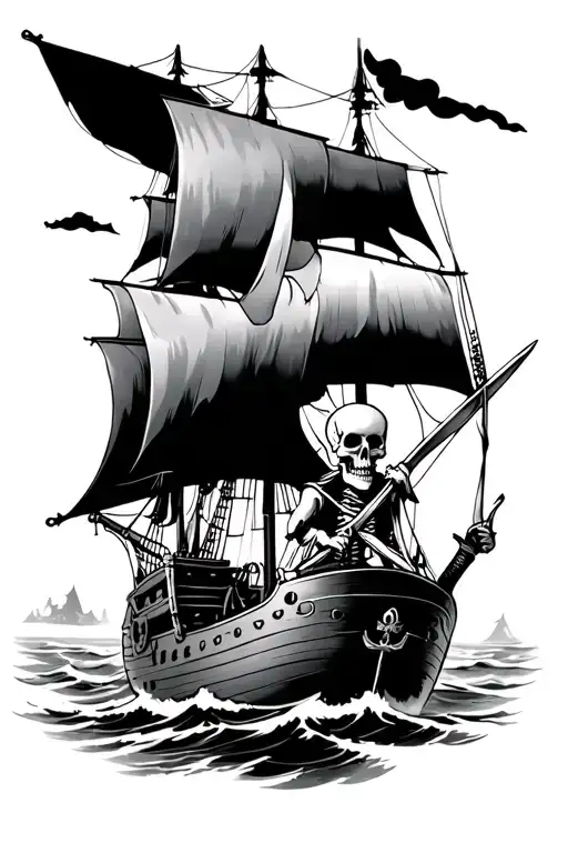 One Eye Skeleton Pirate Driving A Ship While Holding A Sword