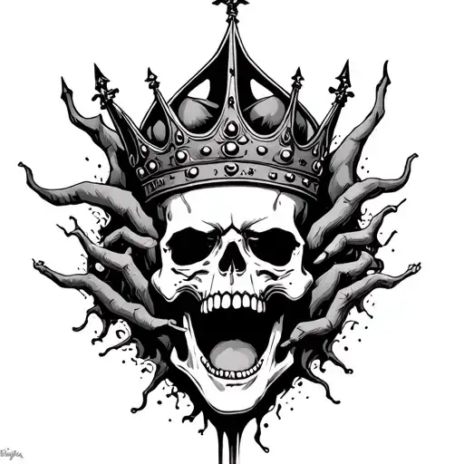 Skull With Crown On Head With Jaw Wide Open Demonic Things Comjng Out Of Mouth