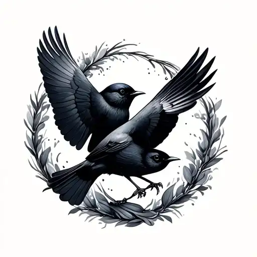 Two Small Blackbirds Flying To Each Other In A Circle