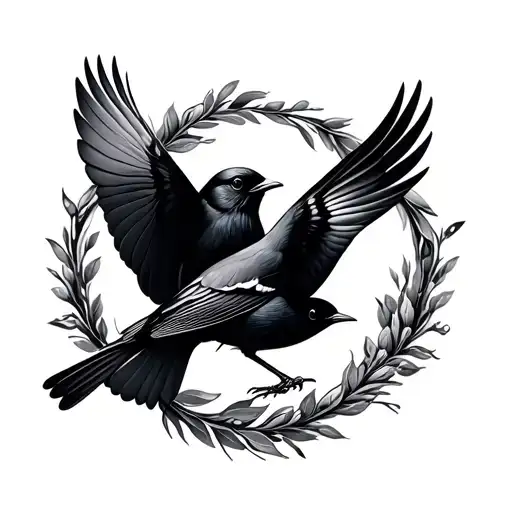 Two Small Blackbirds On Opposite Sides Of Circle Flying To Each Other