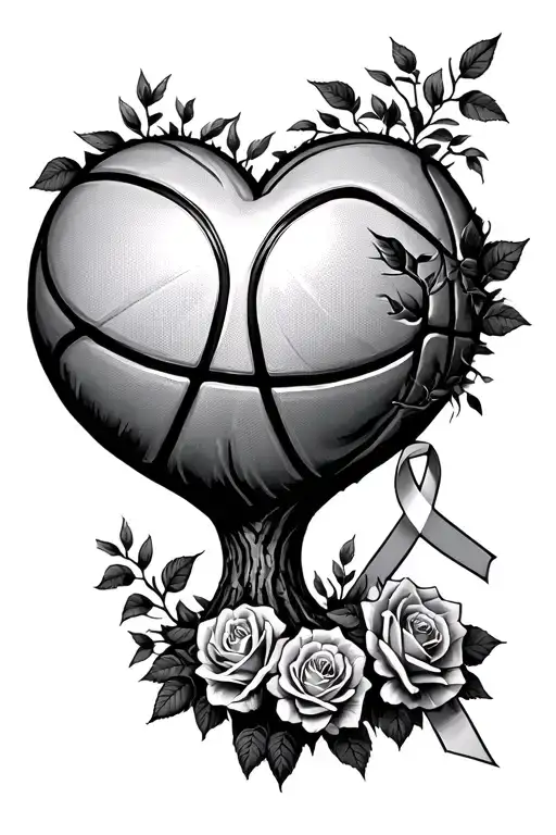 Basketball Merging Into Tree In A Heart Shape Surrounded By Roses With A Cancer Ribbon