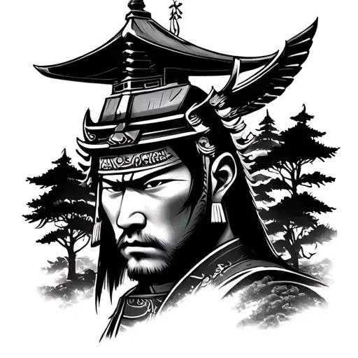Shogun Warrior Face With Temple And Trees Background