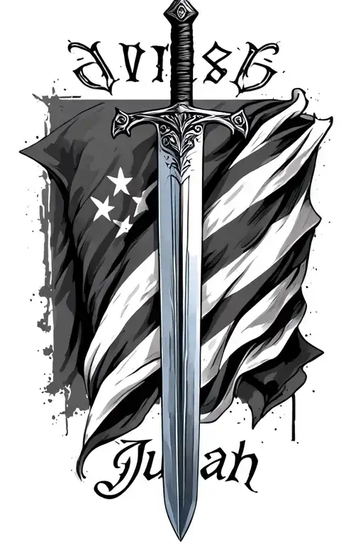Sword Tattoo With The Name Judah Flag In The Background