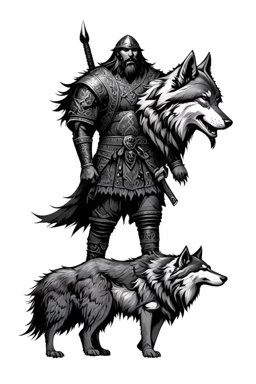 One Viking Warrior And Two Wolves