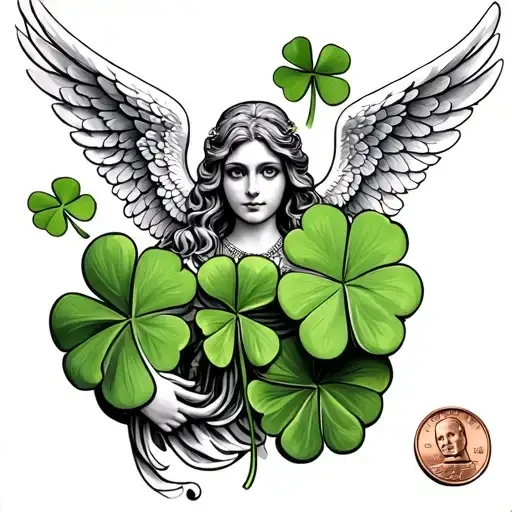 Angel Of Luck With Four Leaf Clover And Lucky Penny