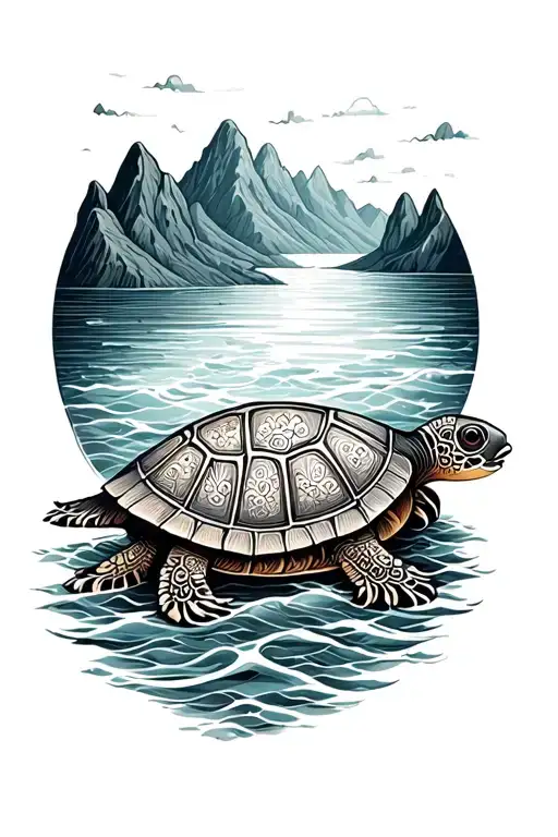 Henna Inspired Turtle Surrounded By Mountains And Ocean