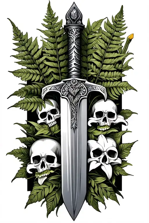 Viking Sword Laying In Ferns With Lillies On The Side With Skulls In The Center Of The Lilles