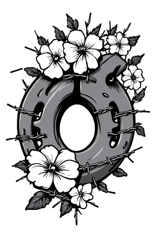 Simple Horse Shoe With Flowers Intertwined With Barbed Wire