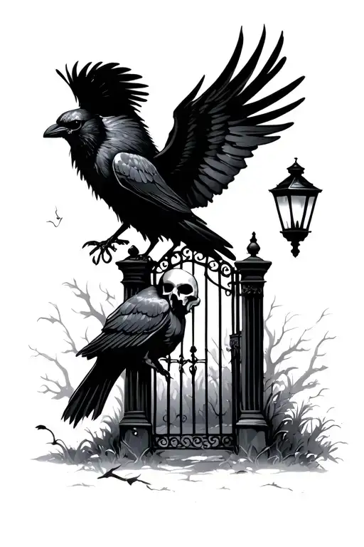 Cemetery Gates With Lanterns Crow Sitting Ghostly Skull In The Sky