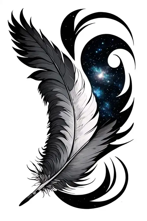 A Falcon Feather On The Right Side And Galaxy Space On The Left Side Split 50-50 Vertically